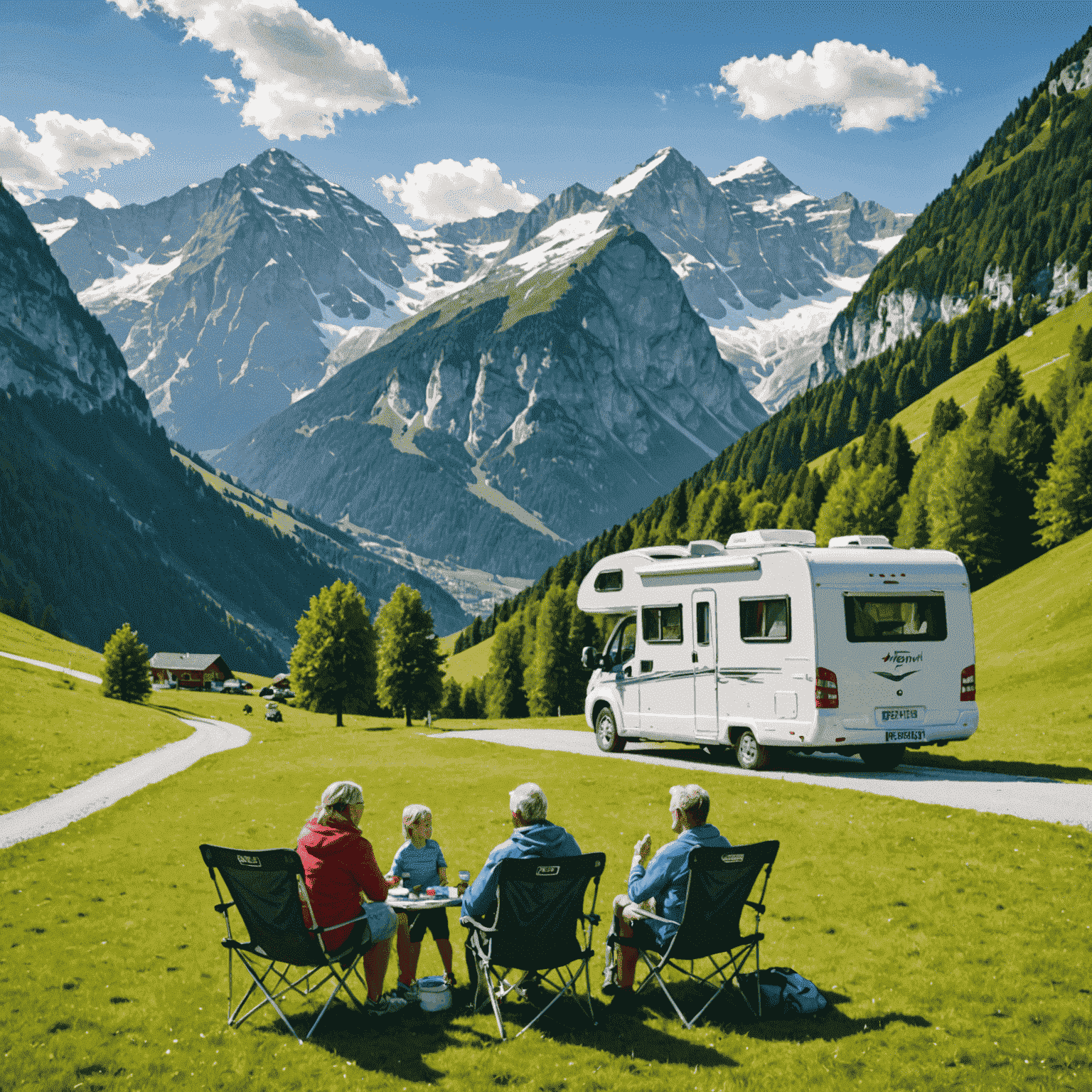 Family enjoying a picturesque view from their motorhome parked in the Austrian Alps. The image shows a modern RV with panoramic windows, a happy family of four sitting outside on camping chairs, surrounded by lush green meadows and snow-capped mountains in the background.