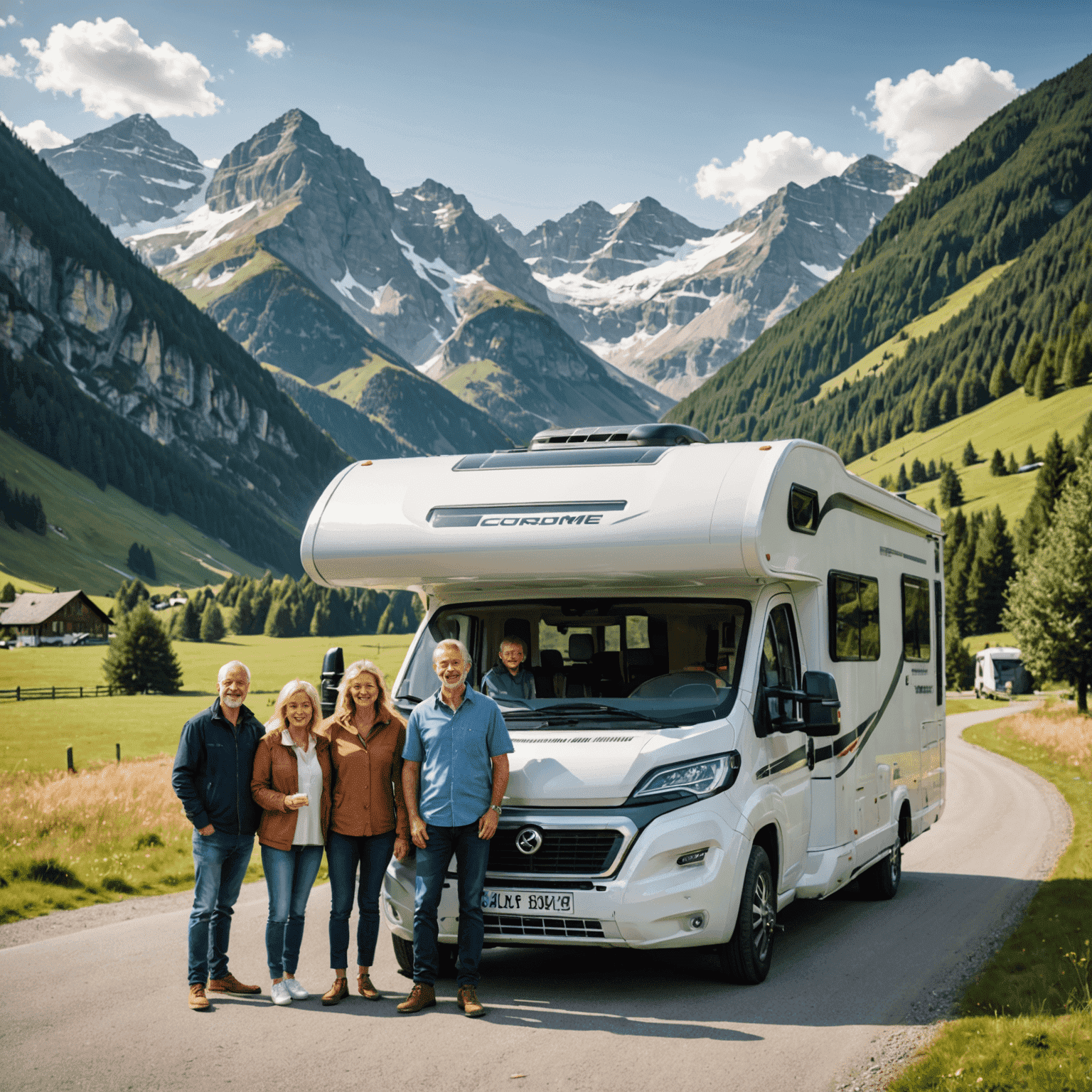 A happy family standing in front of a large, modern motorhome parked in a scenic European landscape with mountains in the background