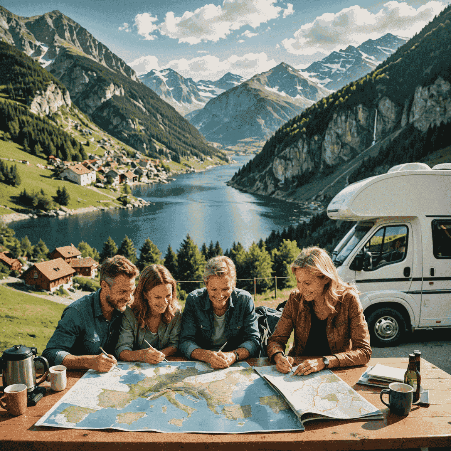 A family gathered around a map on their motorhome's table, planning their European adventure. The image shows a diverse landscape of mountains, coastlines, and historic cities in the background.