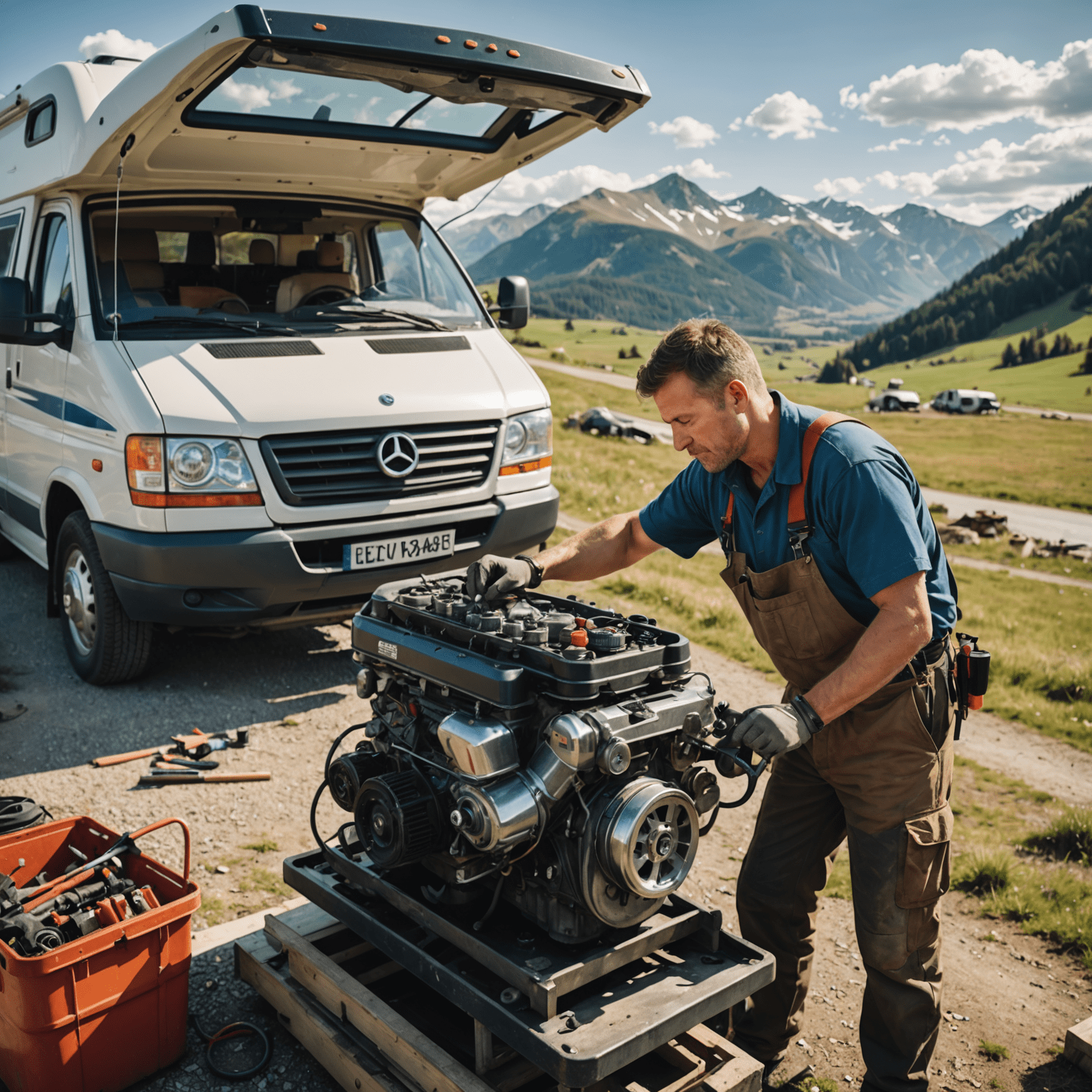 A mechanic working on a motorhome engine, with tools spread out and a scenic European landscape in the background