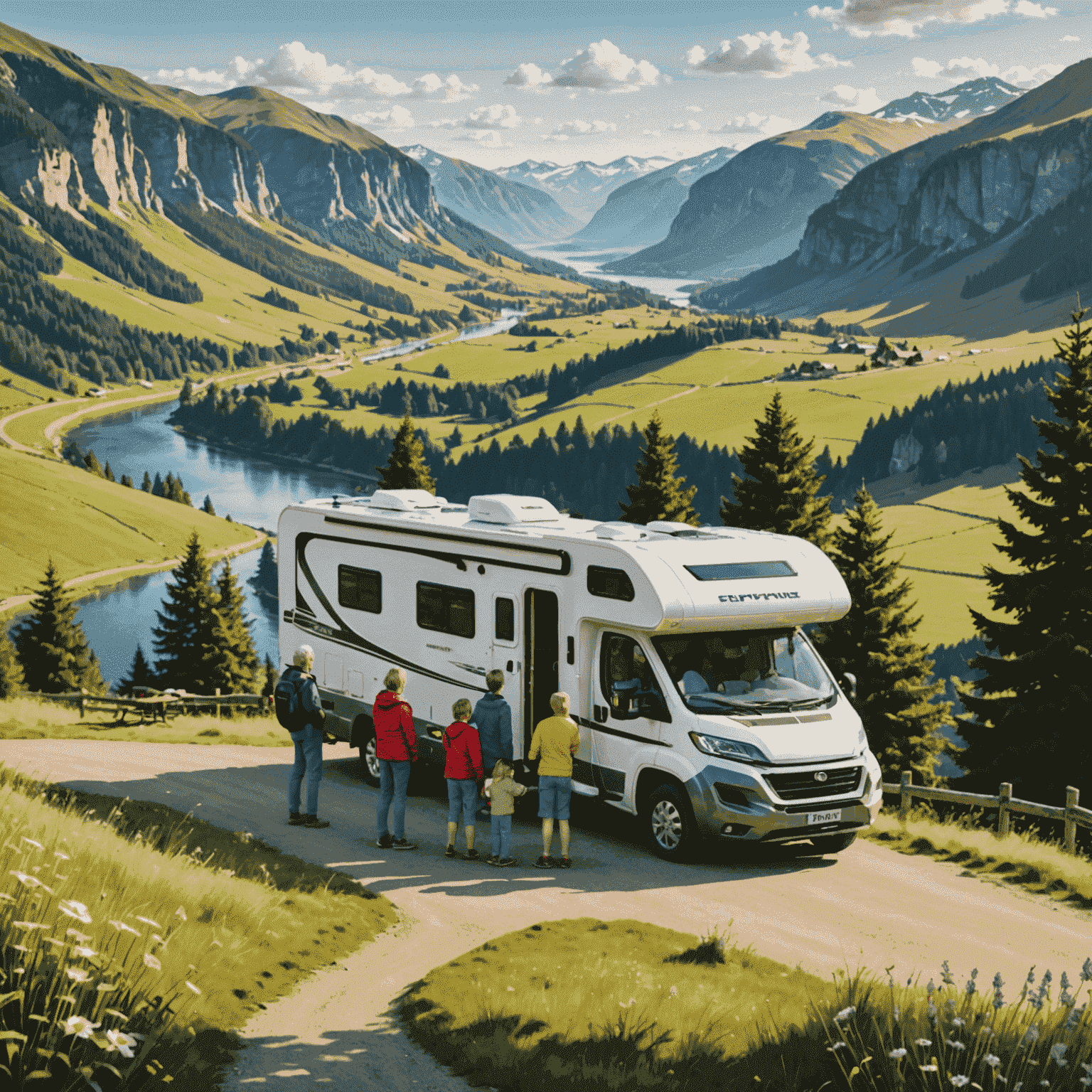 Family of four standing at a scenic viewpoint overlooking a beautiful valley with their motorhome parked nearby