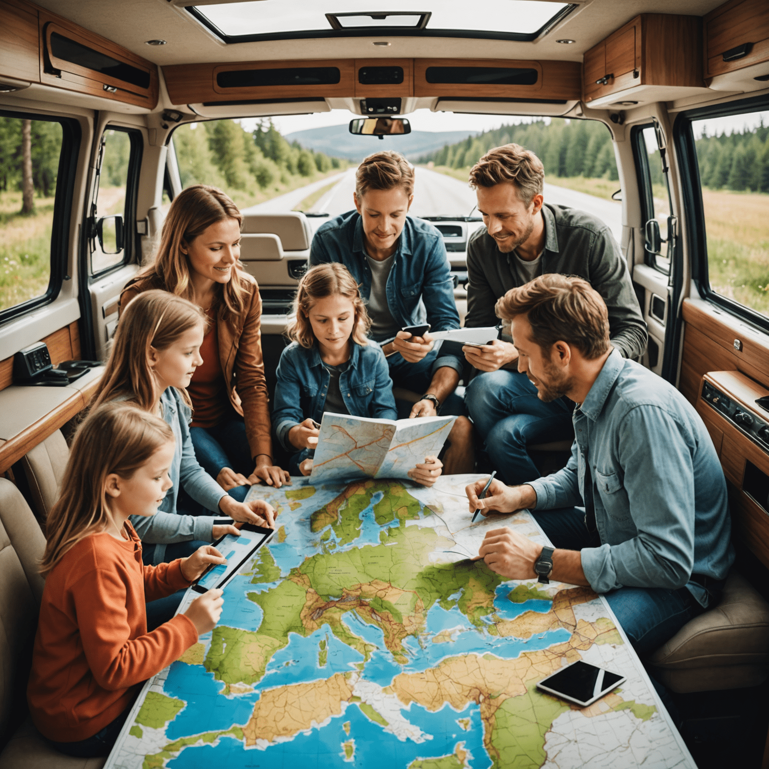 A family gathered around a map spread on a motorhome's bonnet, planning their European journey. The scene shows a mix of technology with a tablet and traditional paper maps.