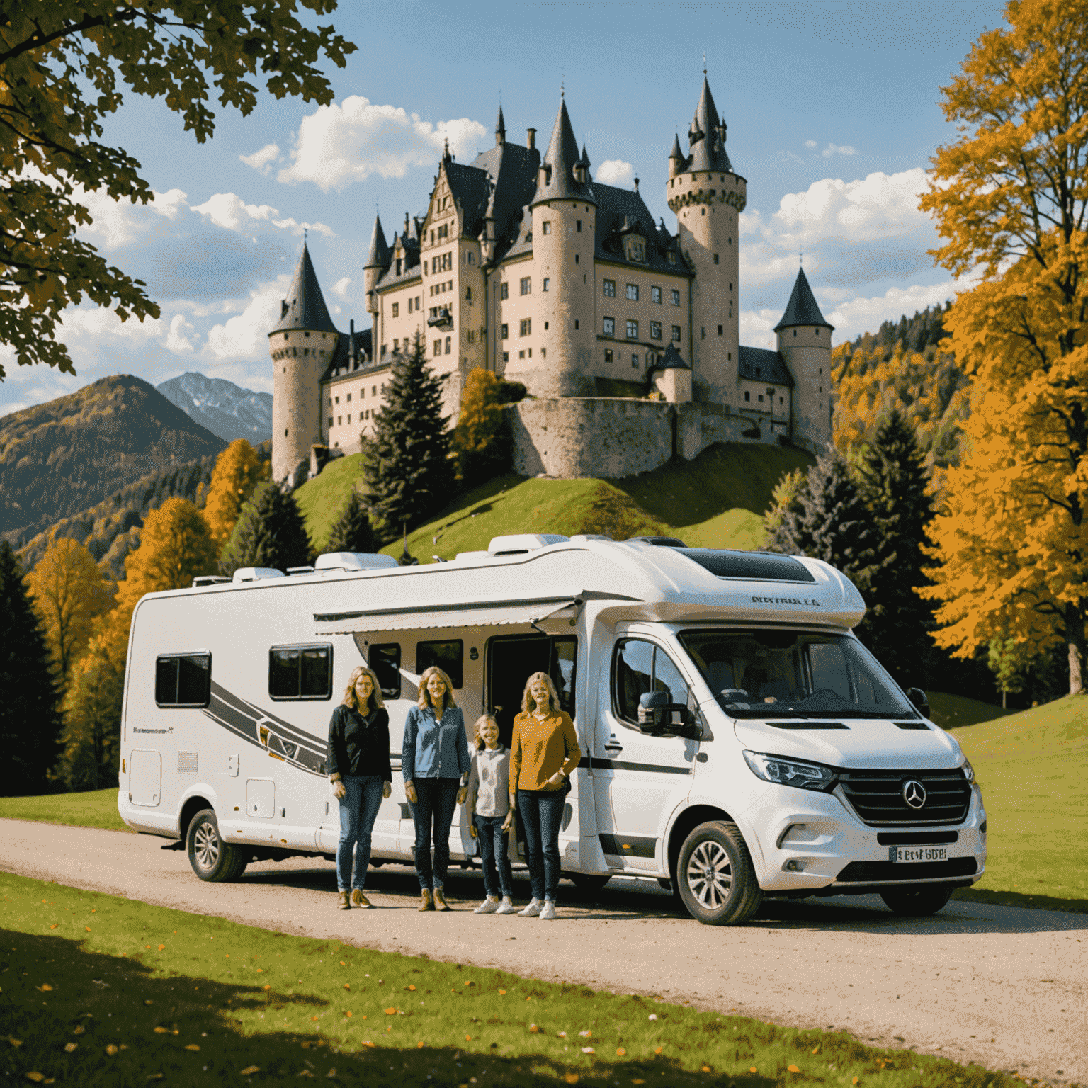 Family of five posing in front of a picturesque German castle with their motorhome visible in the background