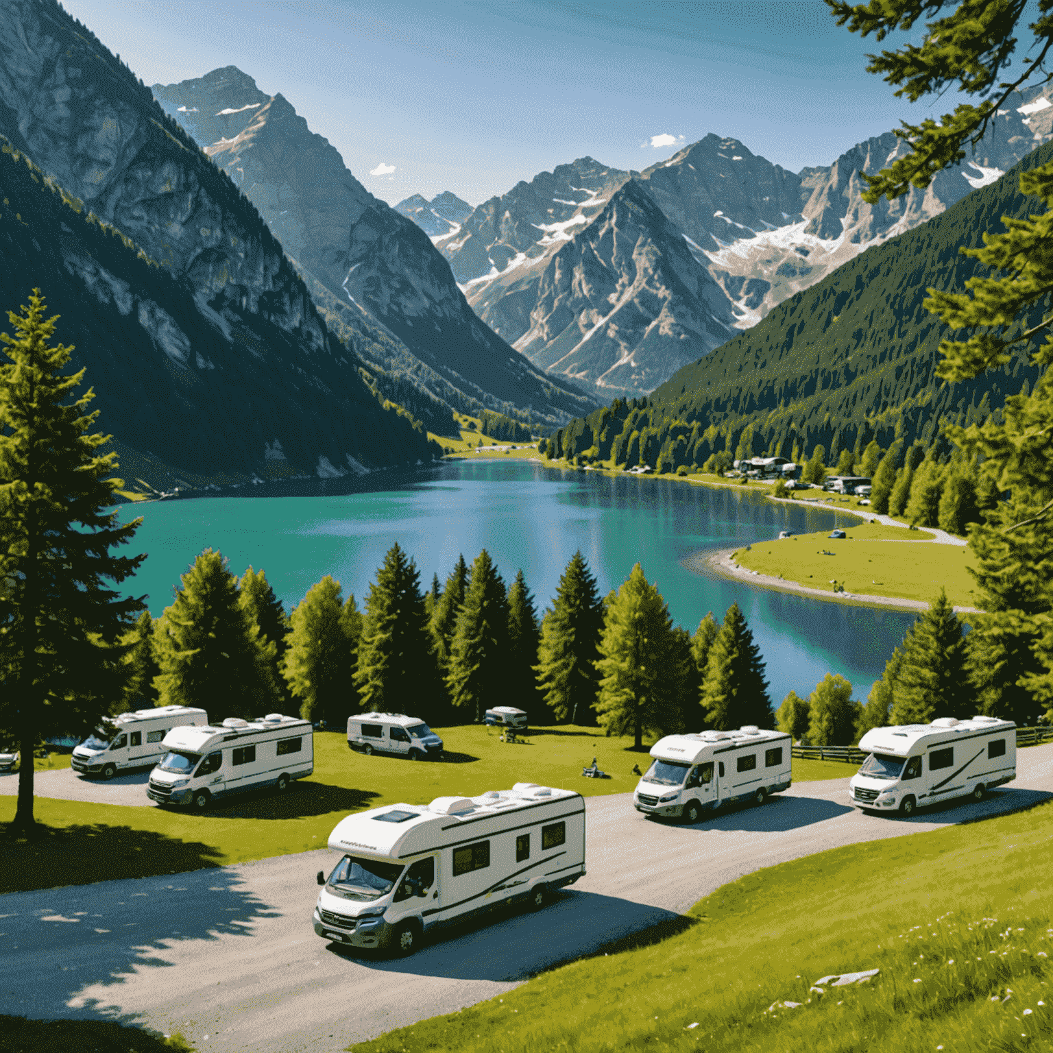 A picturesque Austrian campsite with motorhomes parked near a lake, surrounded by mountains and forests, with families enjoying outdoor activities.