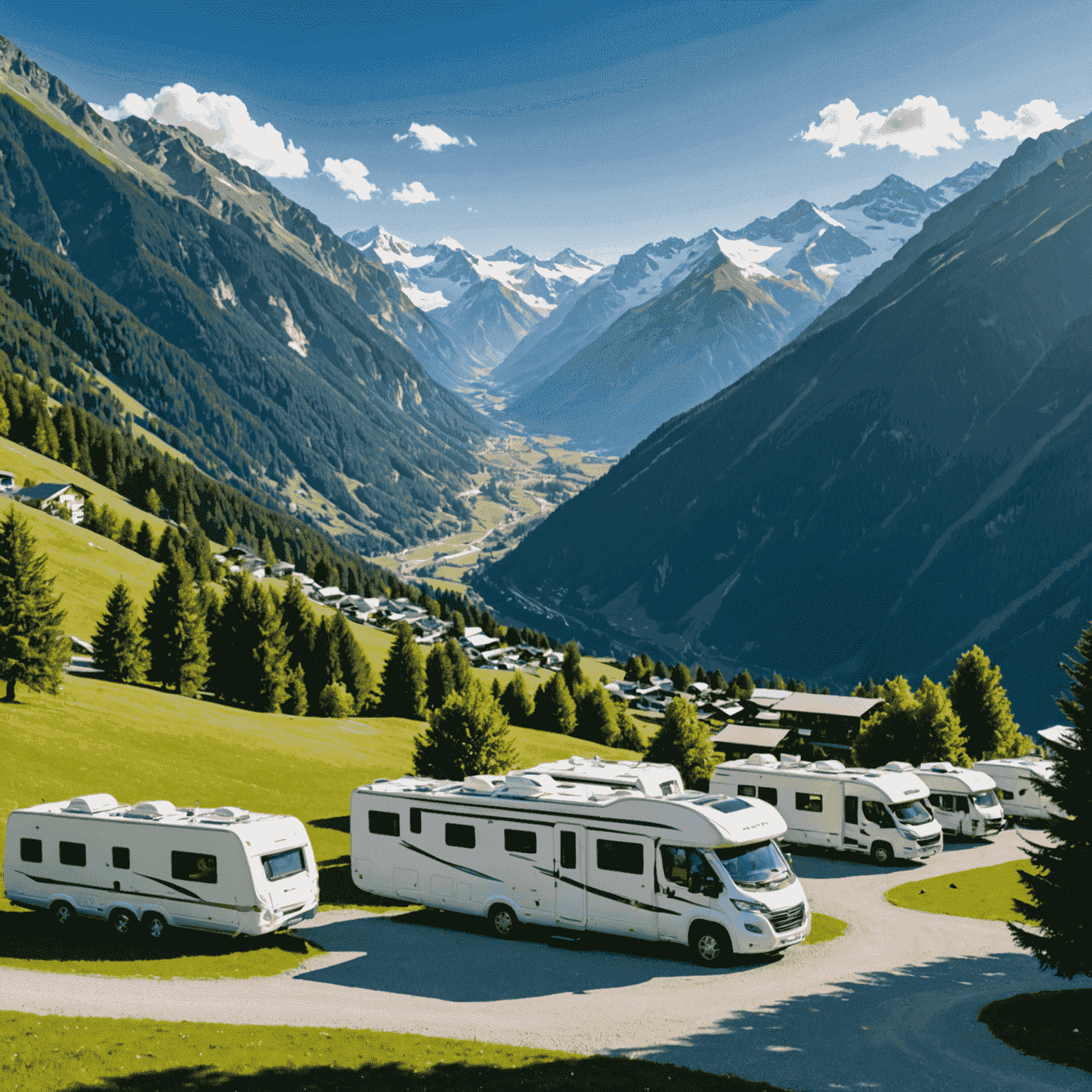 Panoramic view of Camping Zillertal with motorhomes parked in a picturesque valley, snow-capped peaks of the Zillertal Alps in the background