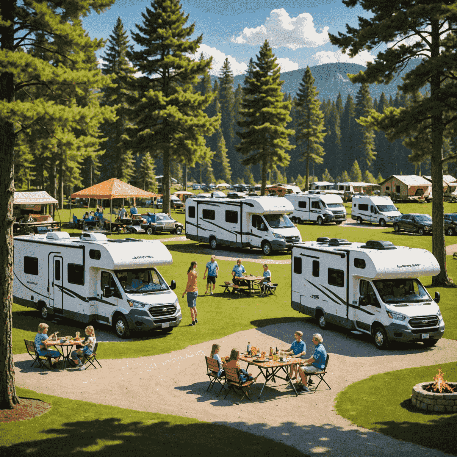 A picturesque family-friendly campsite with motorhomes parked, children playing, and families enjoying outdoor activities. The image showcases various amenities like a playground and barbecue area.