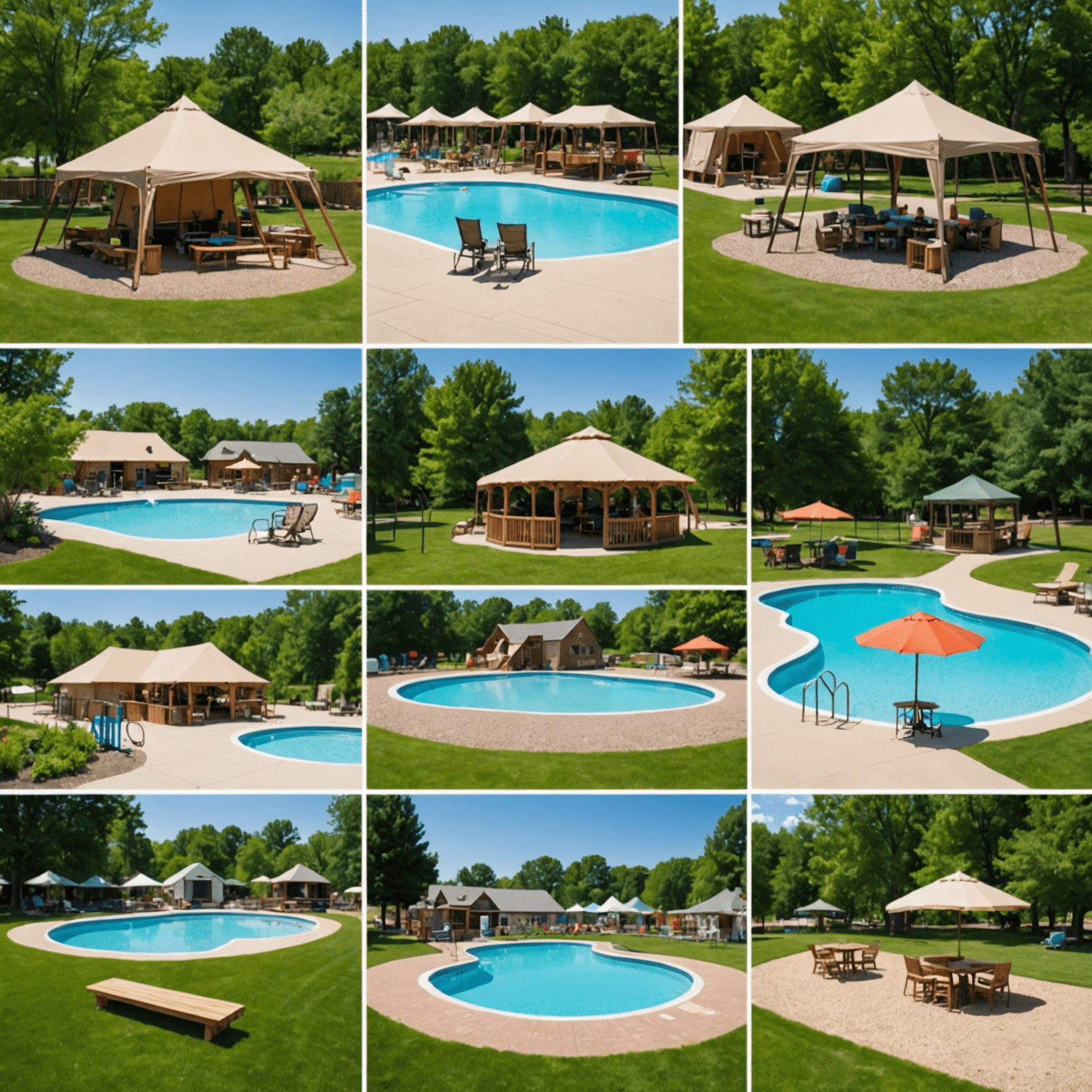 A collage of family-friendly campsite amenities including playgrounds, swimming pools, and communal barbecue areas.